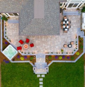 Sky view of beautiful landscaped backyard