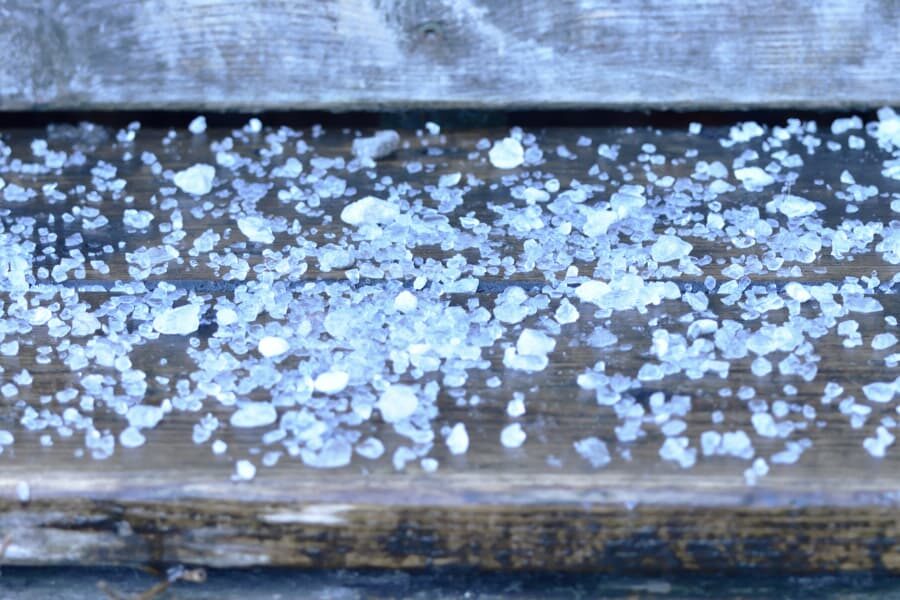 rock salt scattered across bench